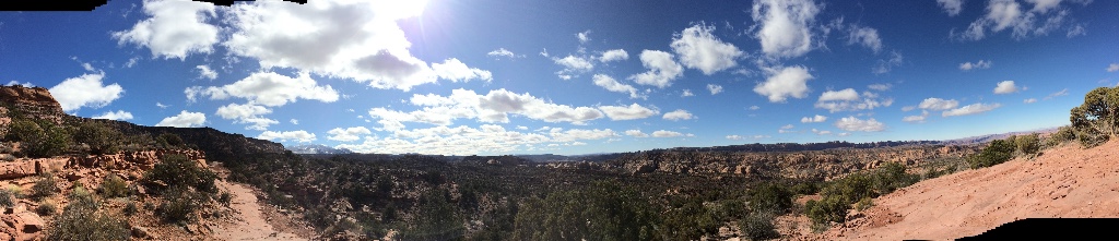 A panoramic view from Moab's east-side Steel Bender-Flat Pass Trail.