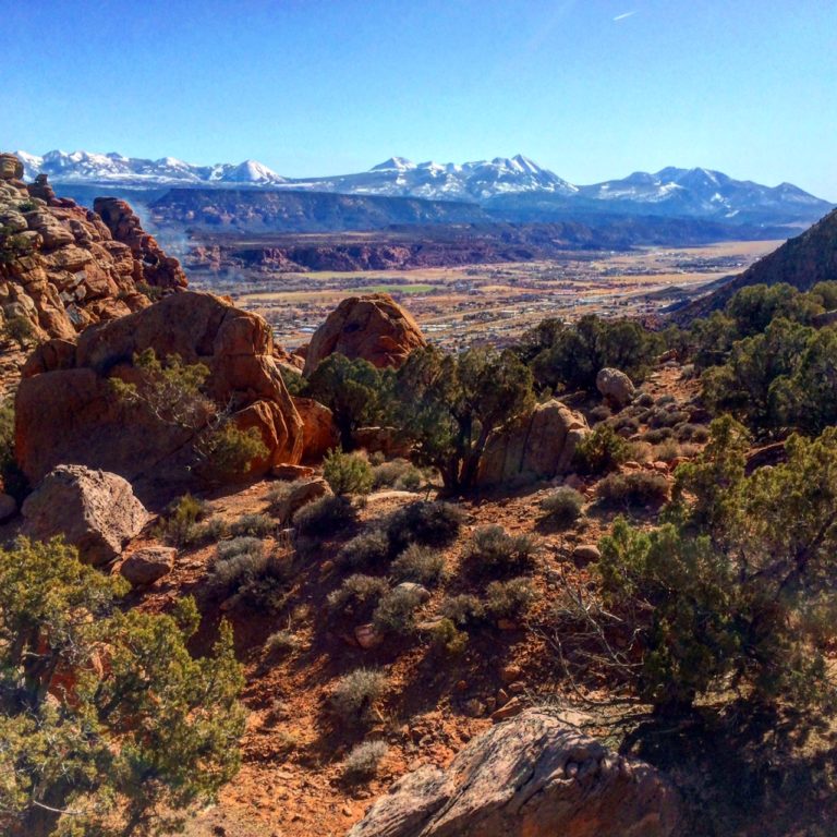 The initally very steep, then mellow Hidden Valley Trail. The mighty snow-capped La Sal Mountains create the backdrop.